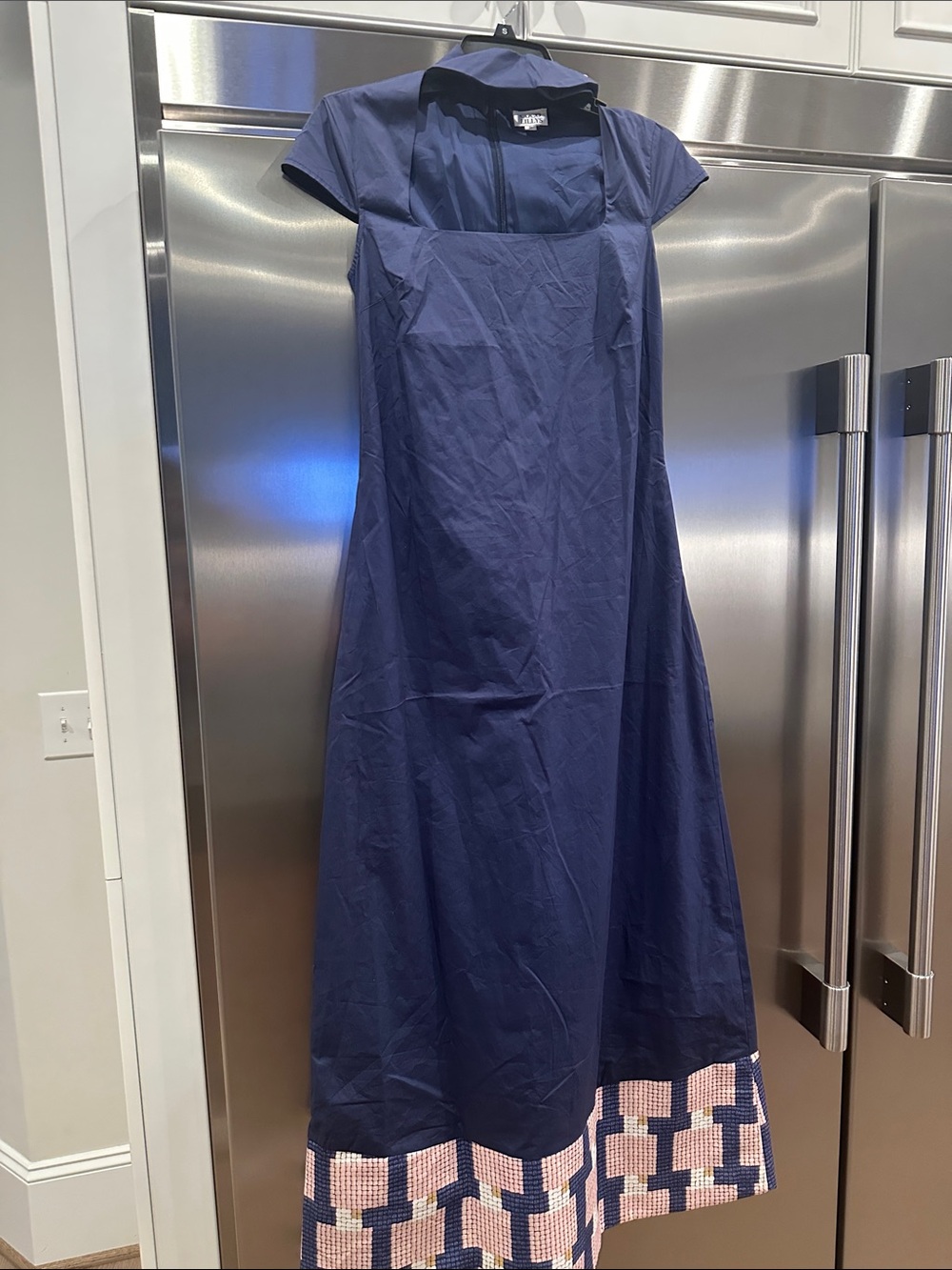 Navy Square-Neck Maxi Dress with Patterned Hem